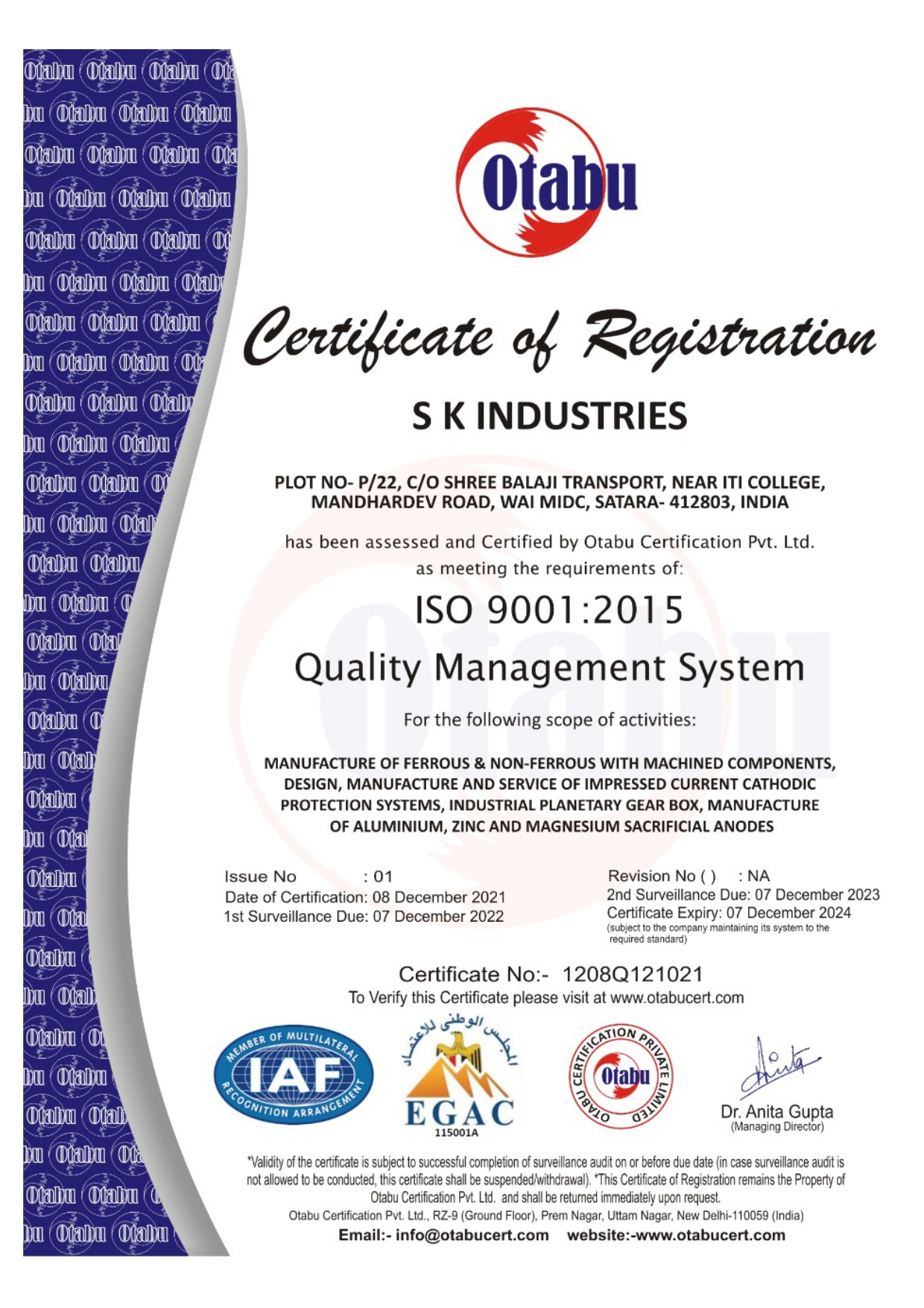 SK Industriies - ISO certificate