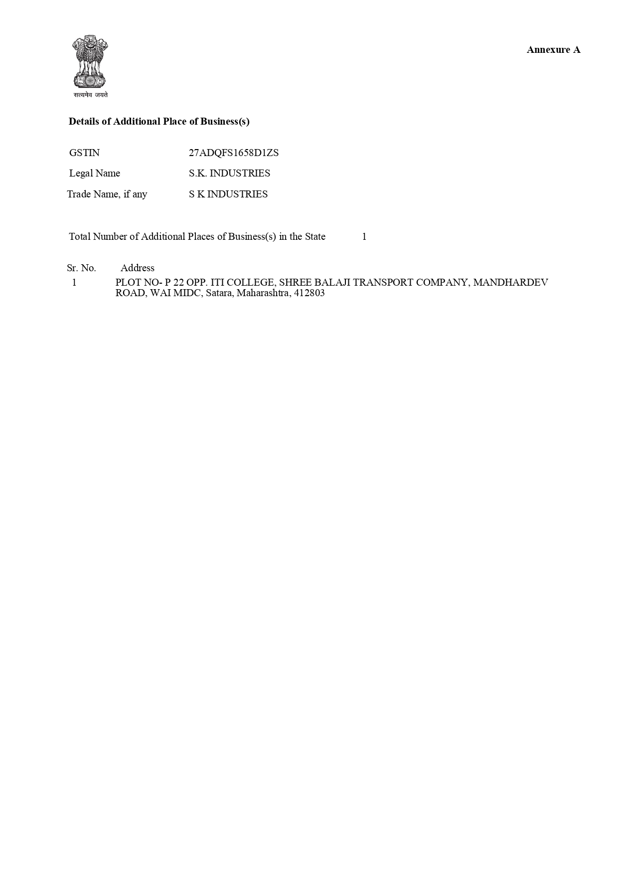 SK Industriies - GST certificate